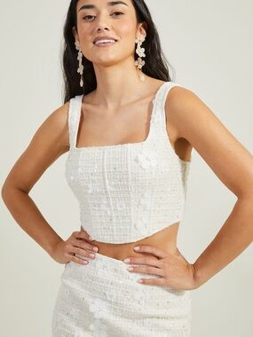 White Tweed Floral Appliqué Cropped Corset
